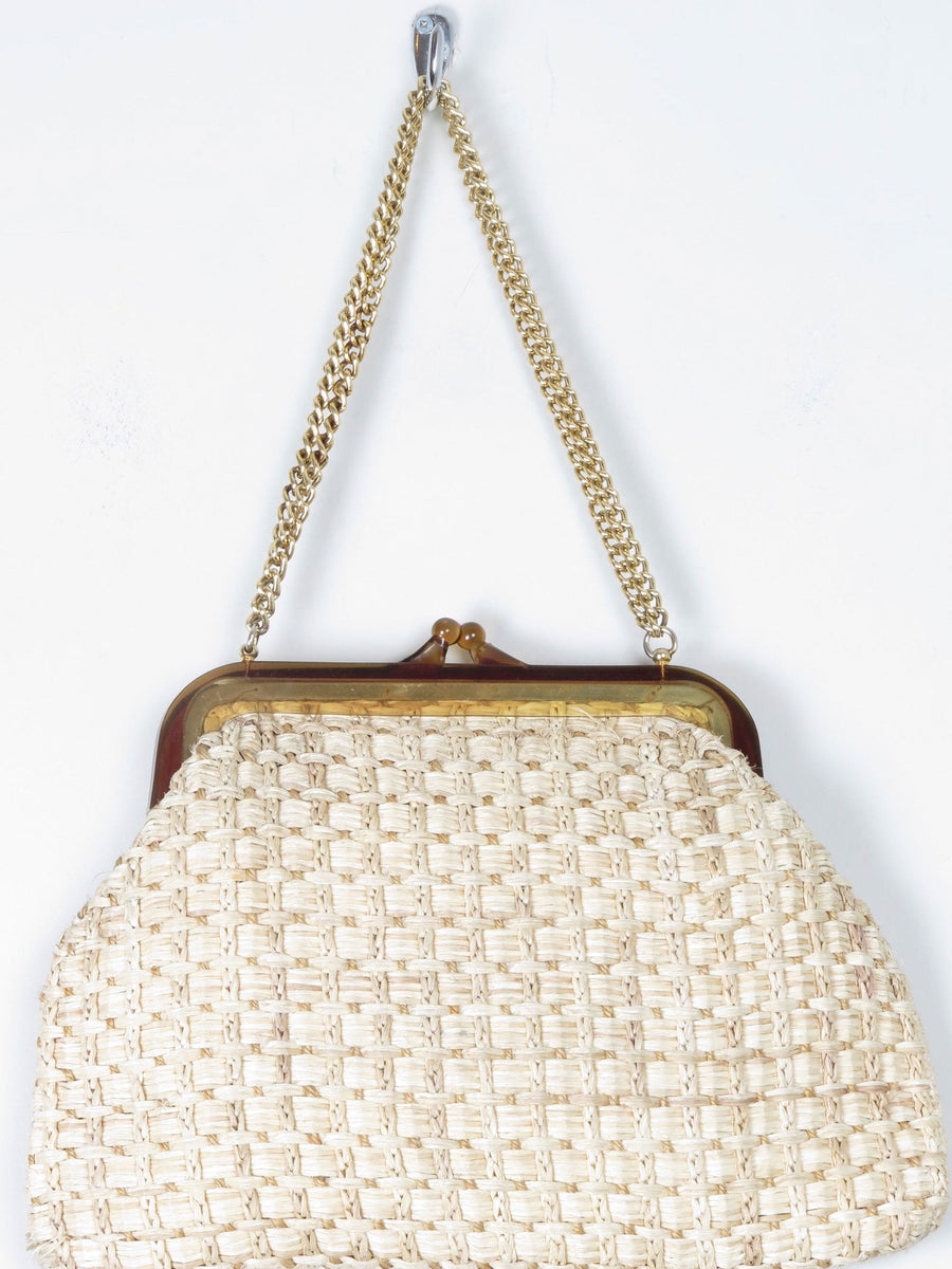 Cream Straw Vintage Handbag With Chain Handle