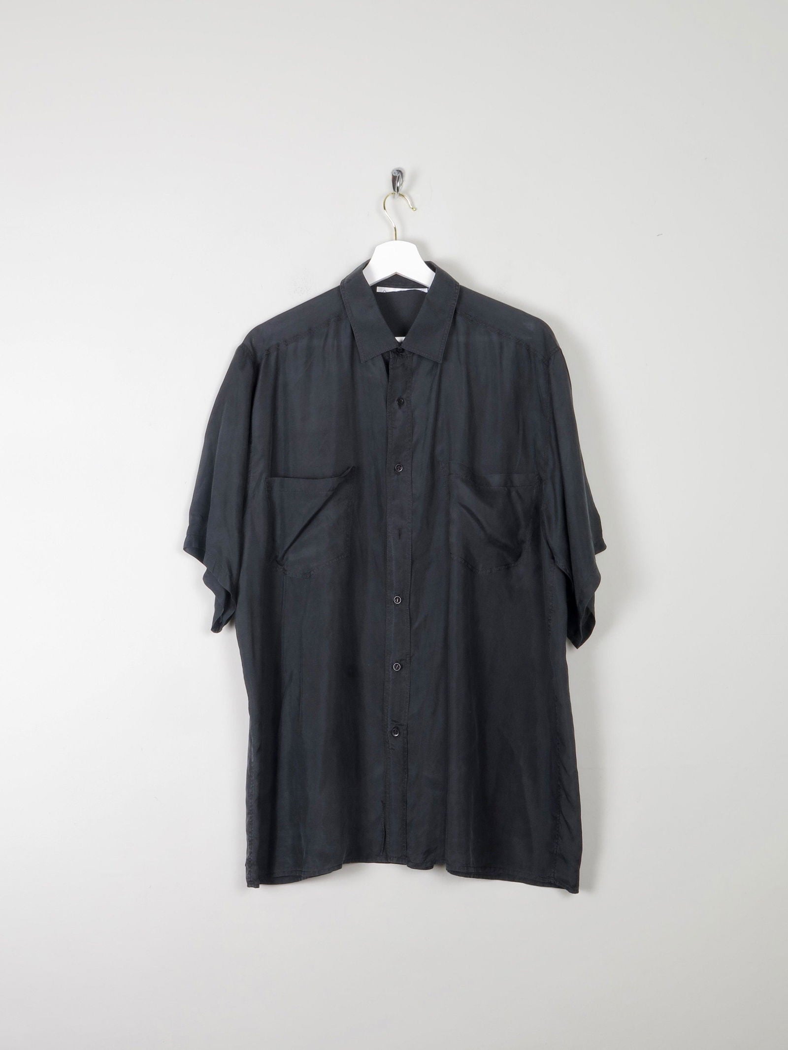 Mens black silk shirt short sleeve top