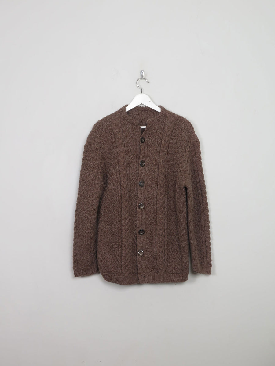 Men's Vintage Brown Hand-knit Aran Cardigan M - Main Image