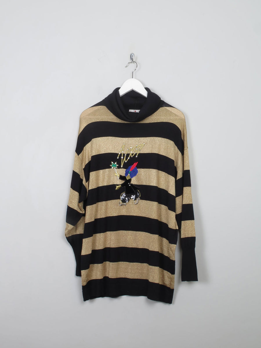 Women's Vintage Gold Striped Oversized Polo Neck Jumper M/L/XL