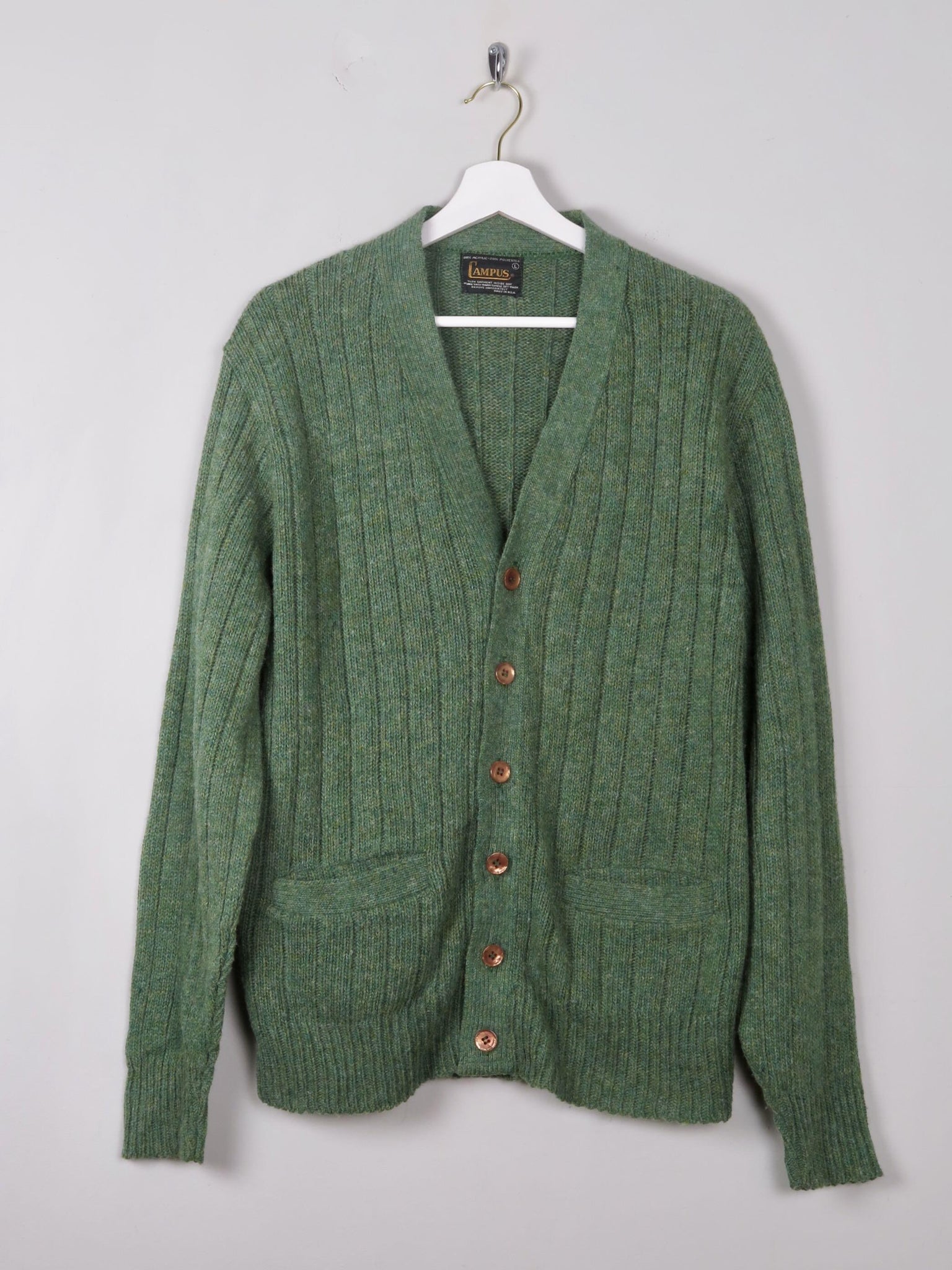 Men's Vintage Green Ribbed Cardigan L - The Harlequin
