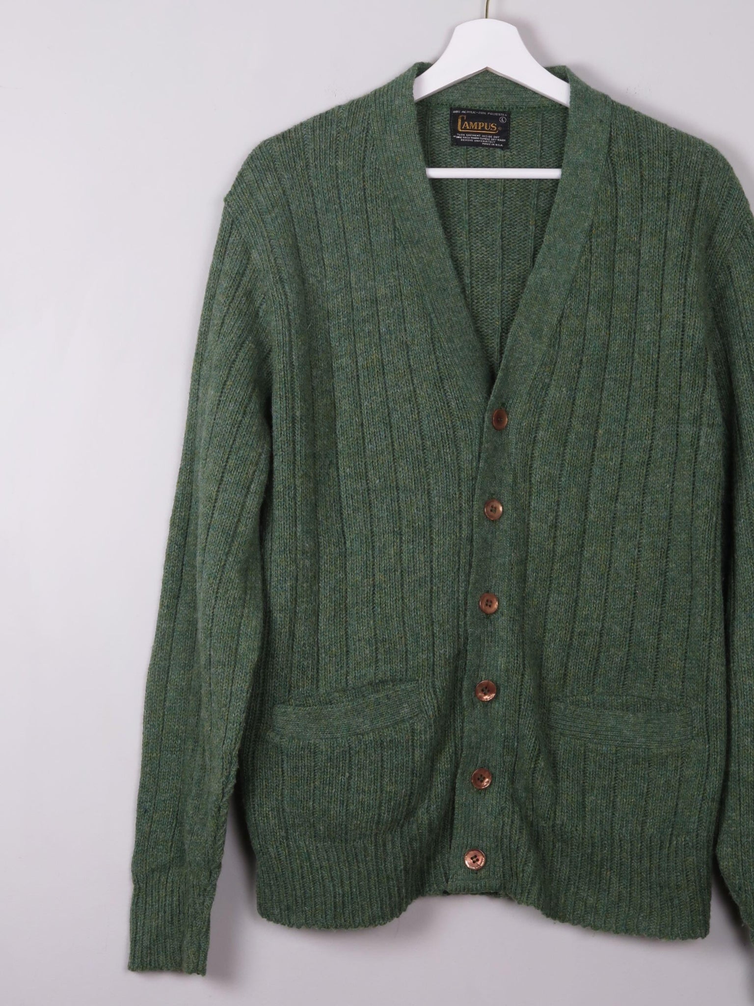 Men's Vintage Green Ribbed Cardigan L - The Harlequin