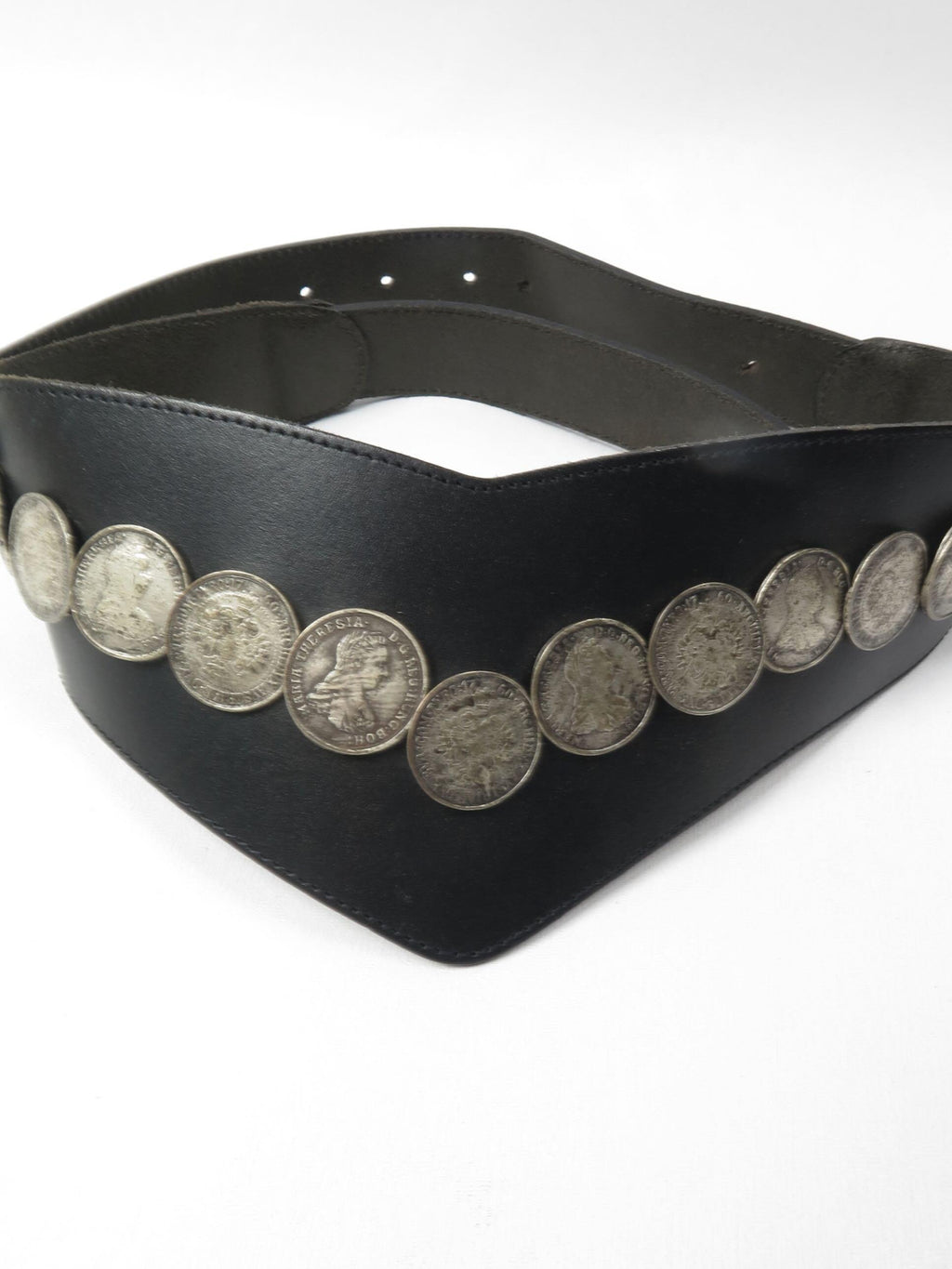 Women's Vintage Black Leather Coin Belt M/L - The Harlequin