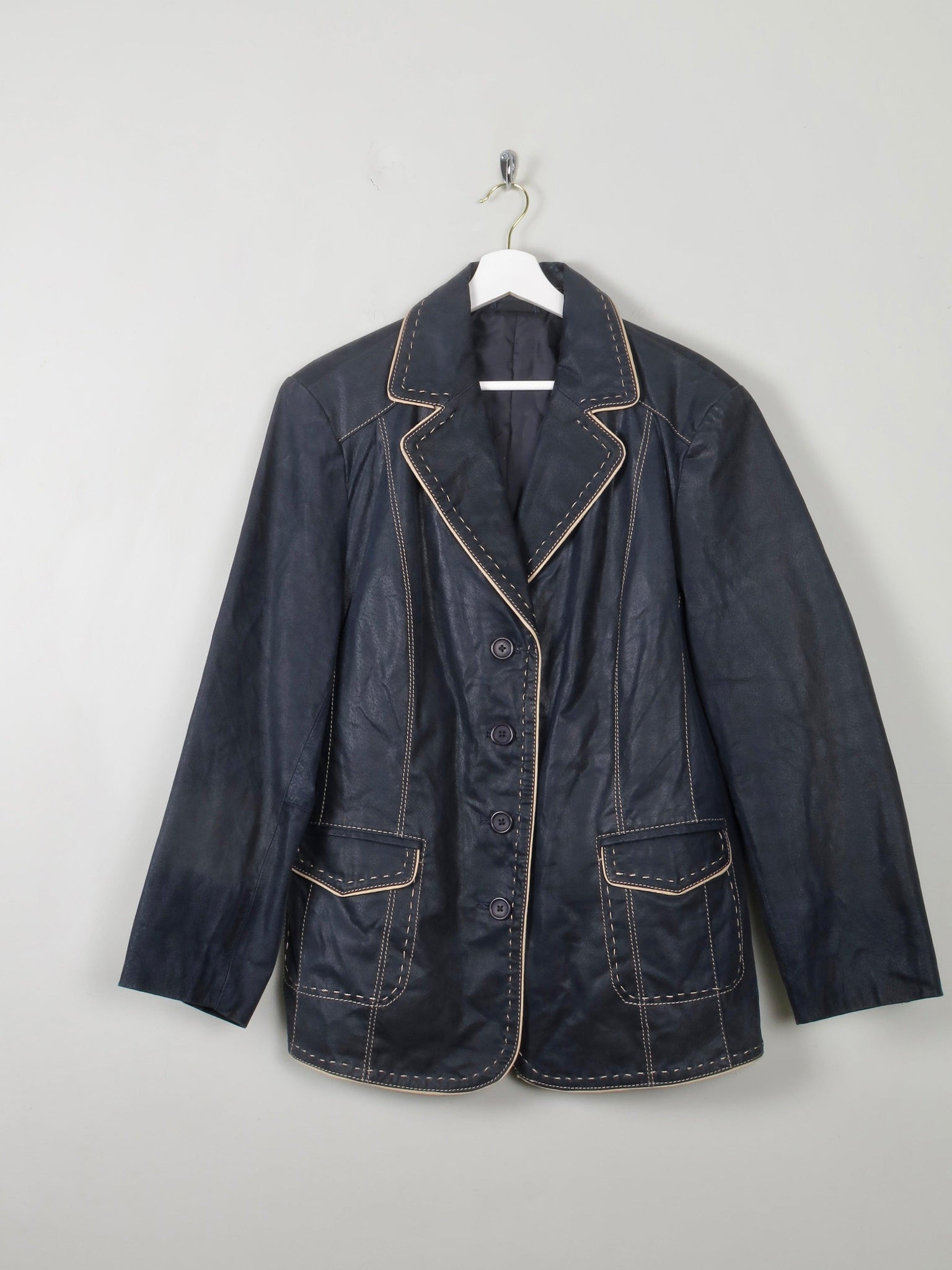 Women's Vintage Navy Leather Jacket L/XL - The Harlequin