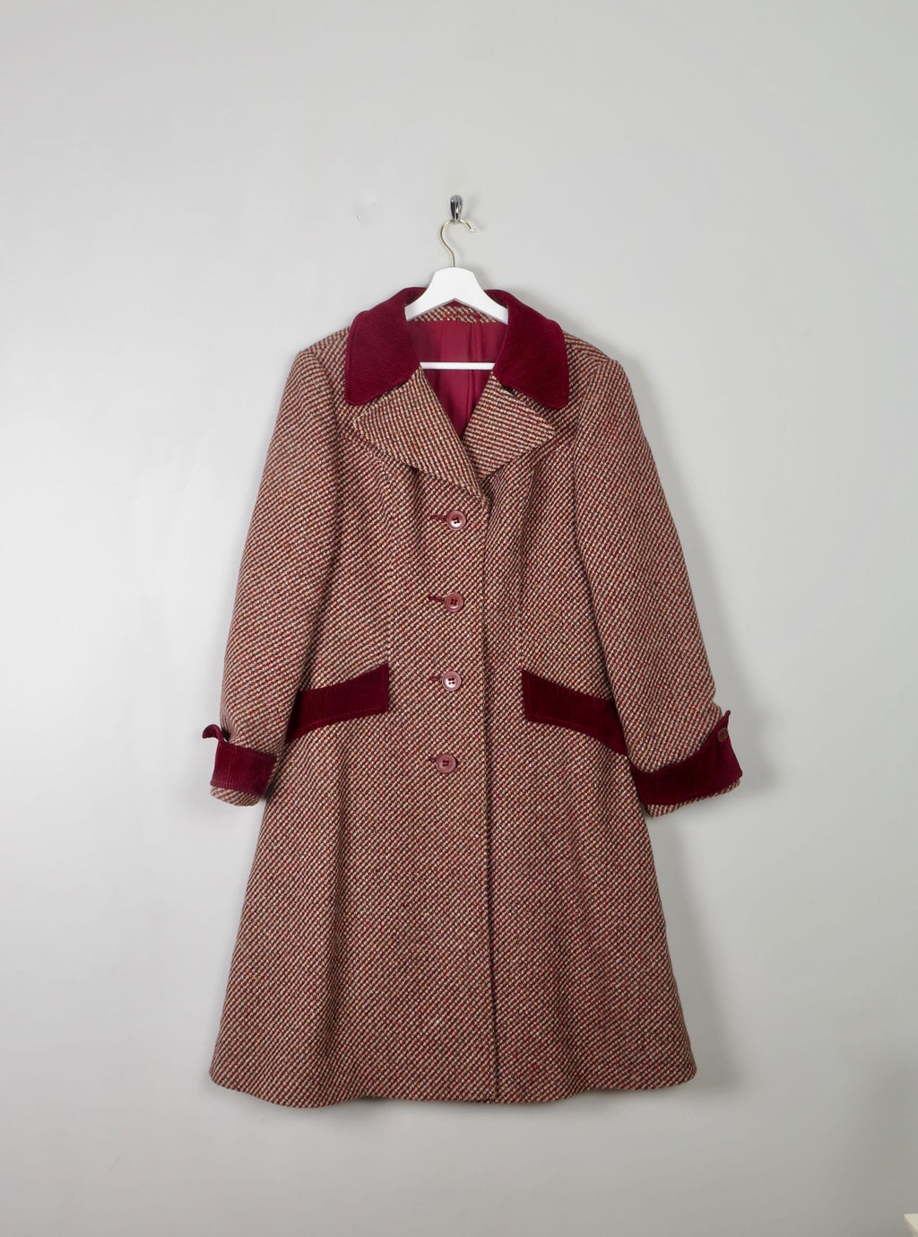 Women's Vintage Wine Tweed Coat L - The Harlequin