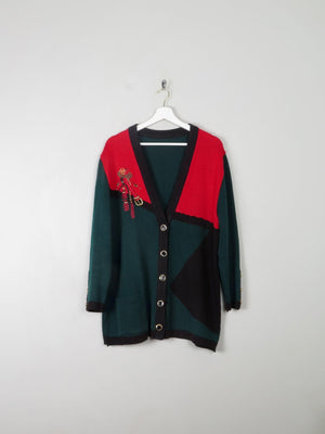 Women's Vintage Wool Cardigan Long With Motif M - The Harlequin