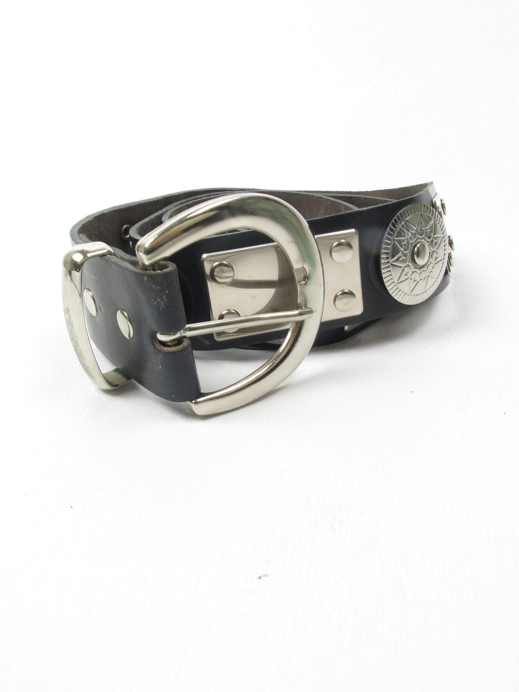 Black Leather Vintage Belt With Silver Metal Pieces M/L - The Harlequin