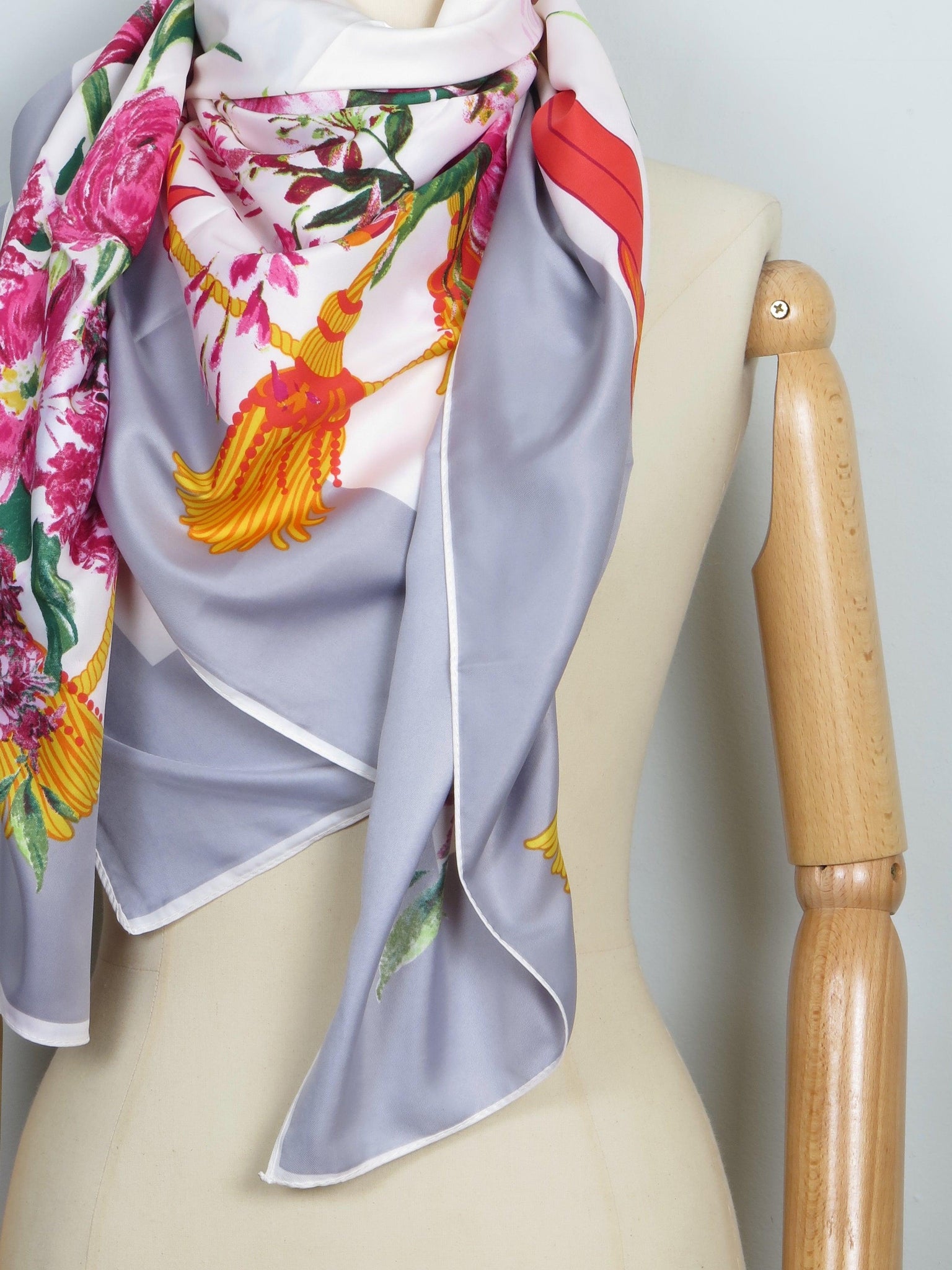Extra Large Grey/Pink/Red Floral & Tassel Print  Scarf - The Harlequin