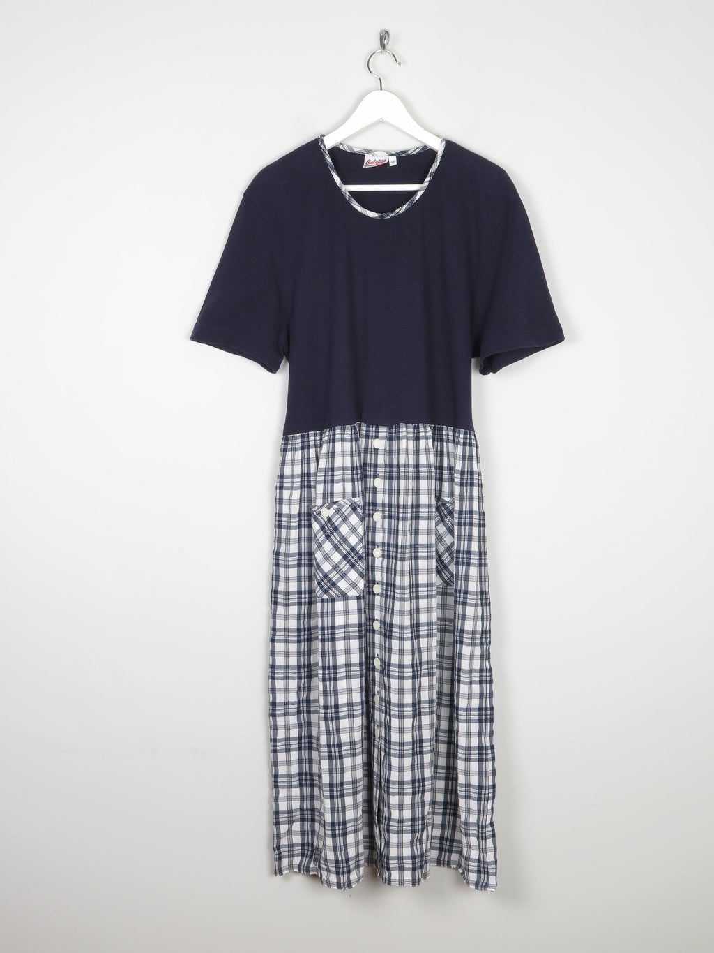 Navy & Check Combined  Midi 1990s Dress With Pockets M/L - The Harlequin