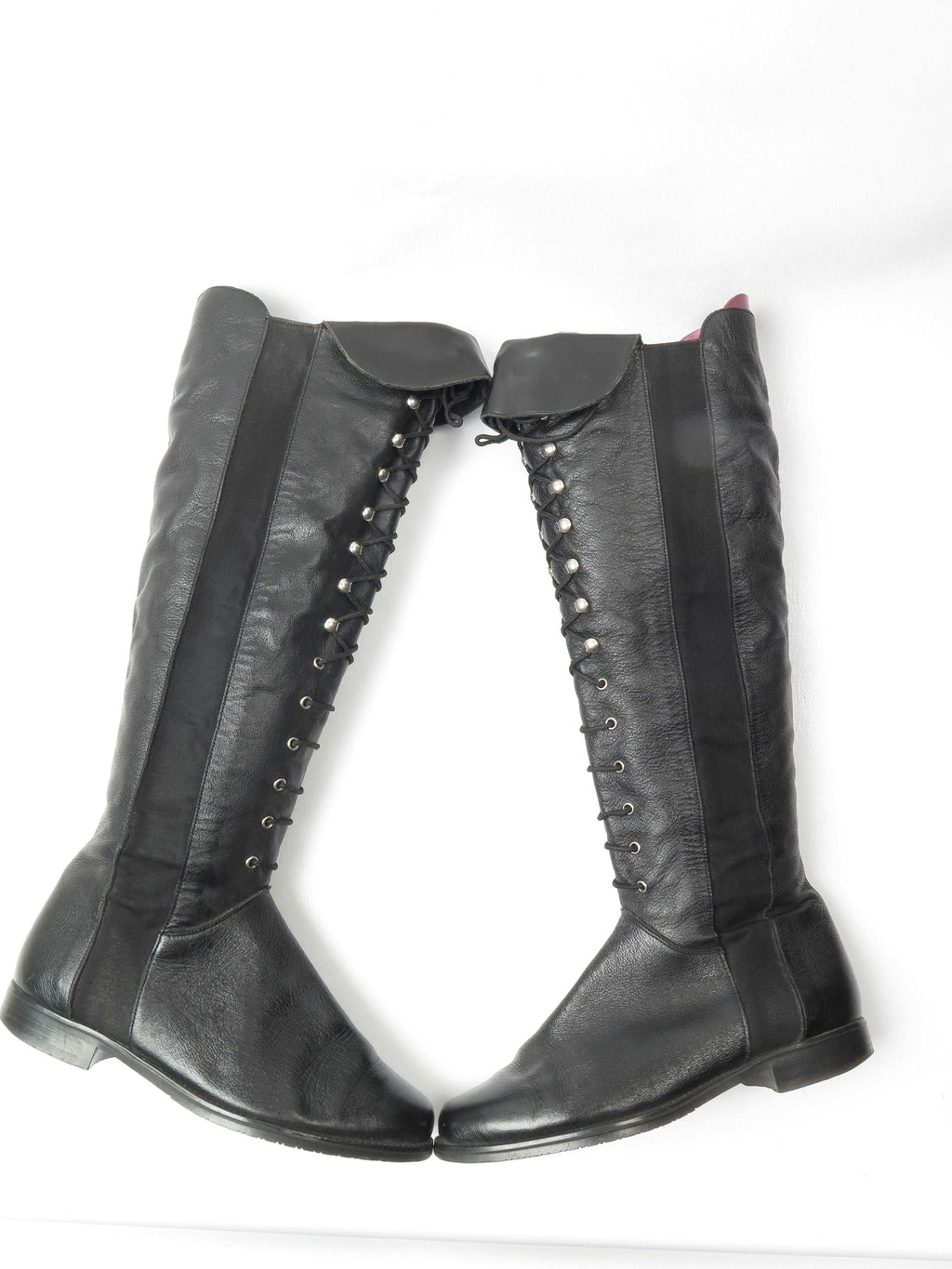 Black Leather Long Boots With Lace Up Hooks 37/4 - The Harlequin