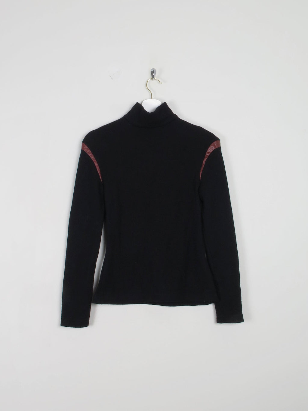 Women's Black Stretchy Wool Polo Neck Top With Leather Trim XS/S - The Harlequin