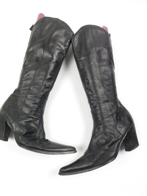 Women's Black Leather Cowboy Style Boots 37/4 - The Harlequin
