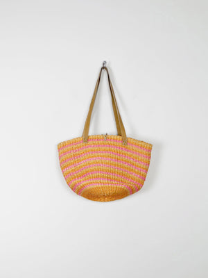 1970s Vintage Straw Bag Large Yellow & Pink With Leather Strap - The Harlequin