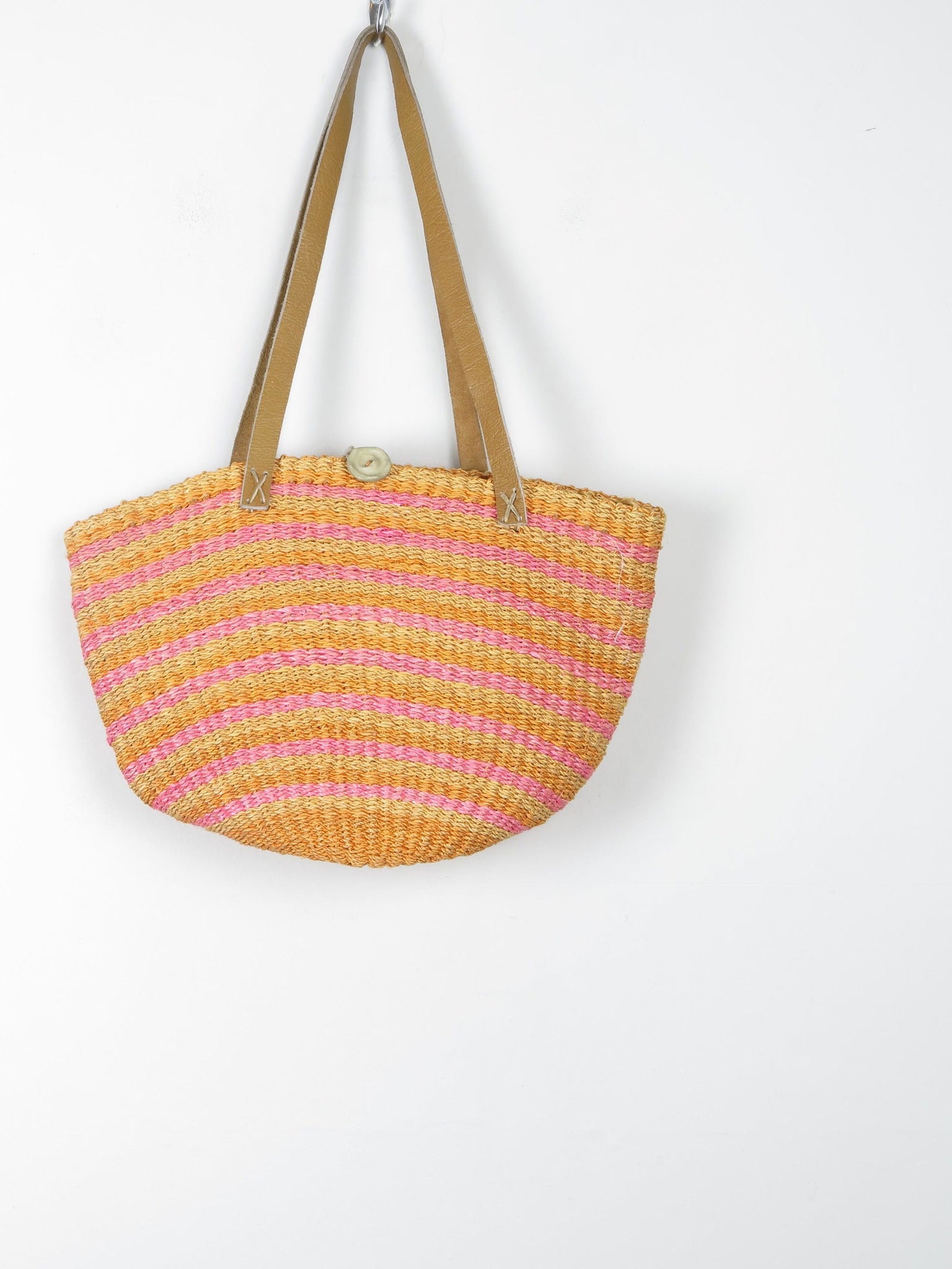 1970s Vintage Straw Bag Large Yellow & Pink With Leather Strap - The Harlequin