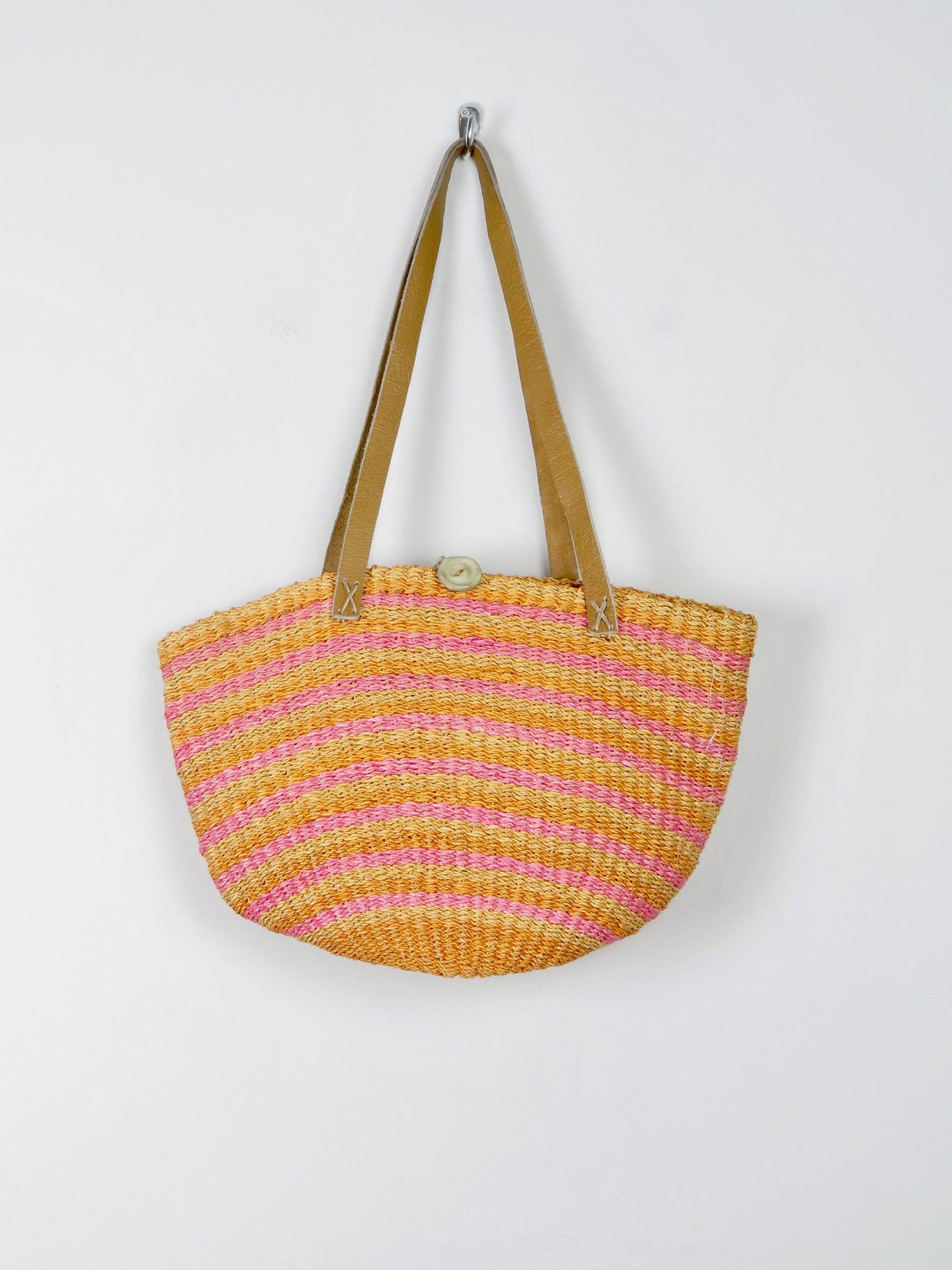 1970s Vintage Straw Bag Large Yellow & Pink With Leather Strap - The Harlequin