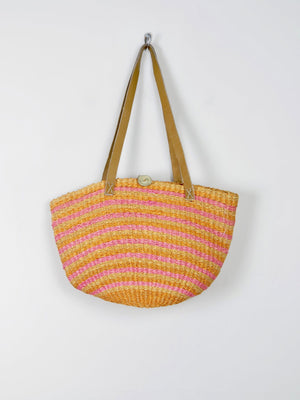 1970s Vintage Straw Bag Large Yellow & Pink With Leather Strap - The Harlequin