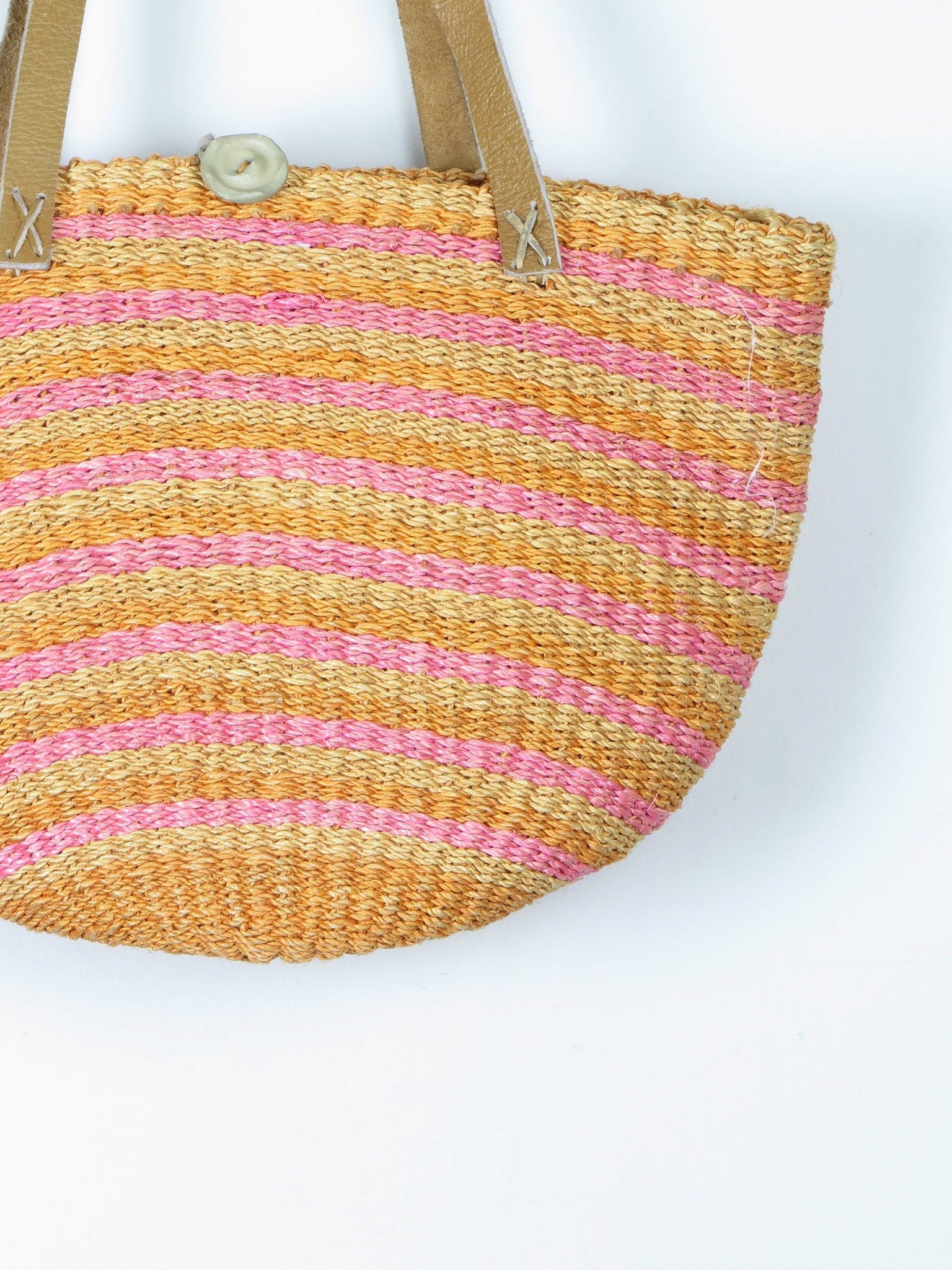 1970s Vintage Straw Bag Large Yellow & Pink With Leather Strap - The Harlequin