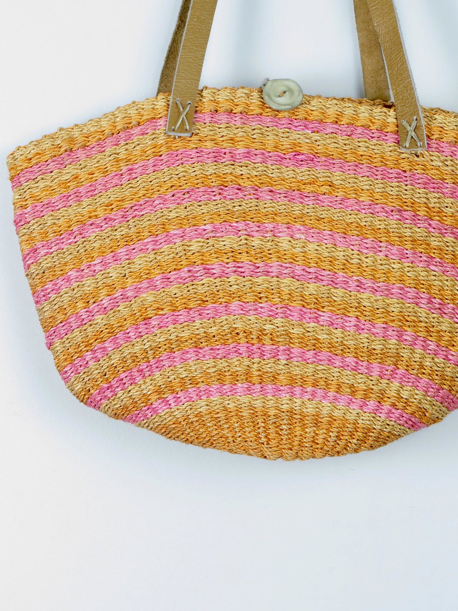 1970s Vintage Straw Bag Large Yellow & Pink With Leather Strap - The Harlequin