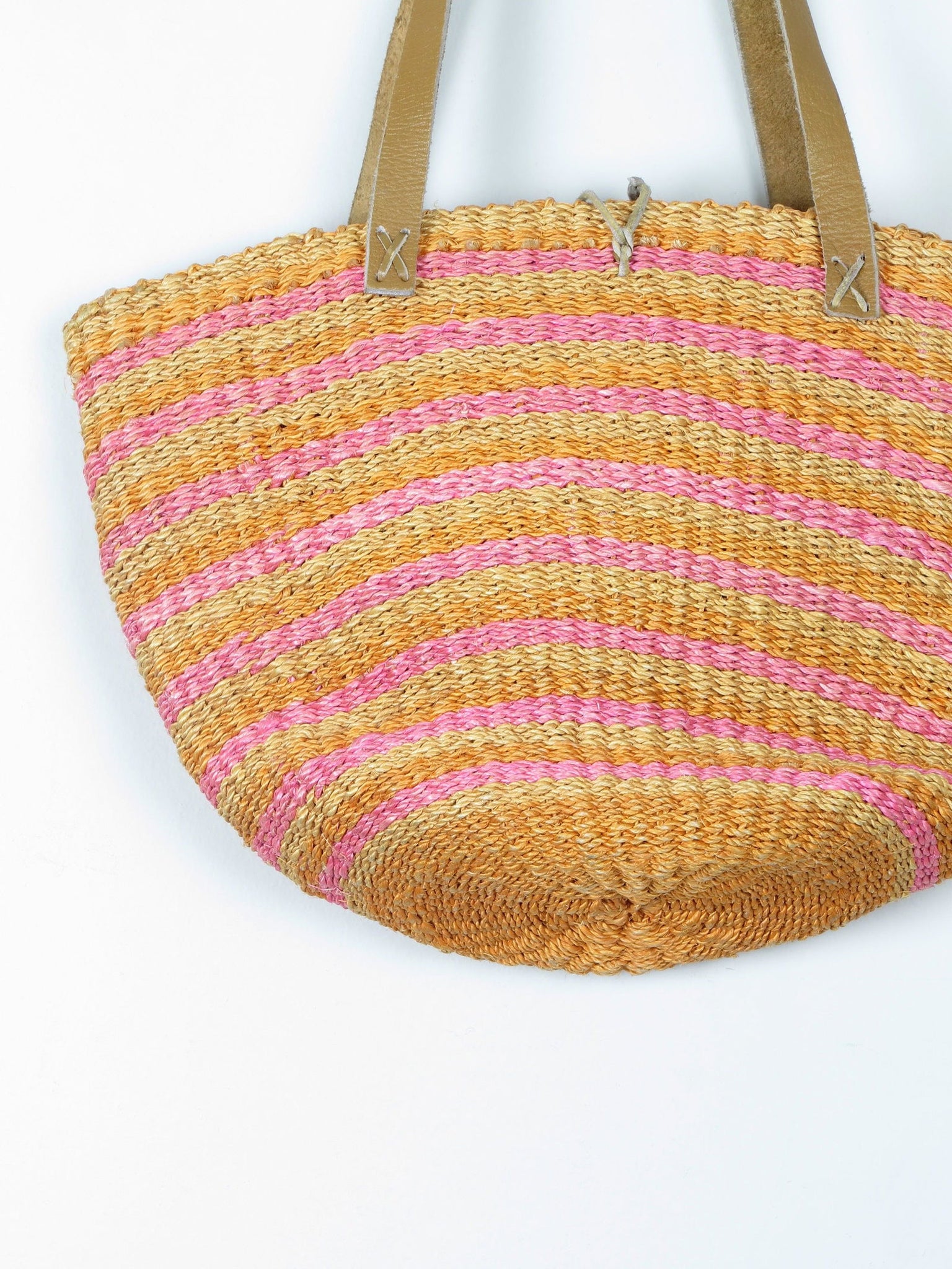 1970s Vintage Straw Bag Large Yellow & Pink With Leather Strap - The Harlequin