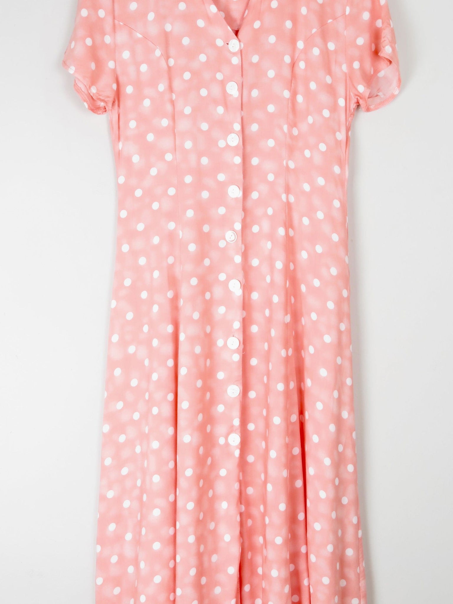 1990s Vintage Peach Polka Dot Button Down Midi Dress Unworn S - The Harlequin