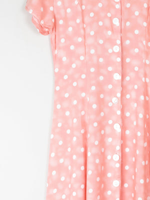 1990s Vintage Peach Polka Dot Button Down Midi Dress Unworn S - The Harlequin