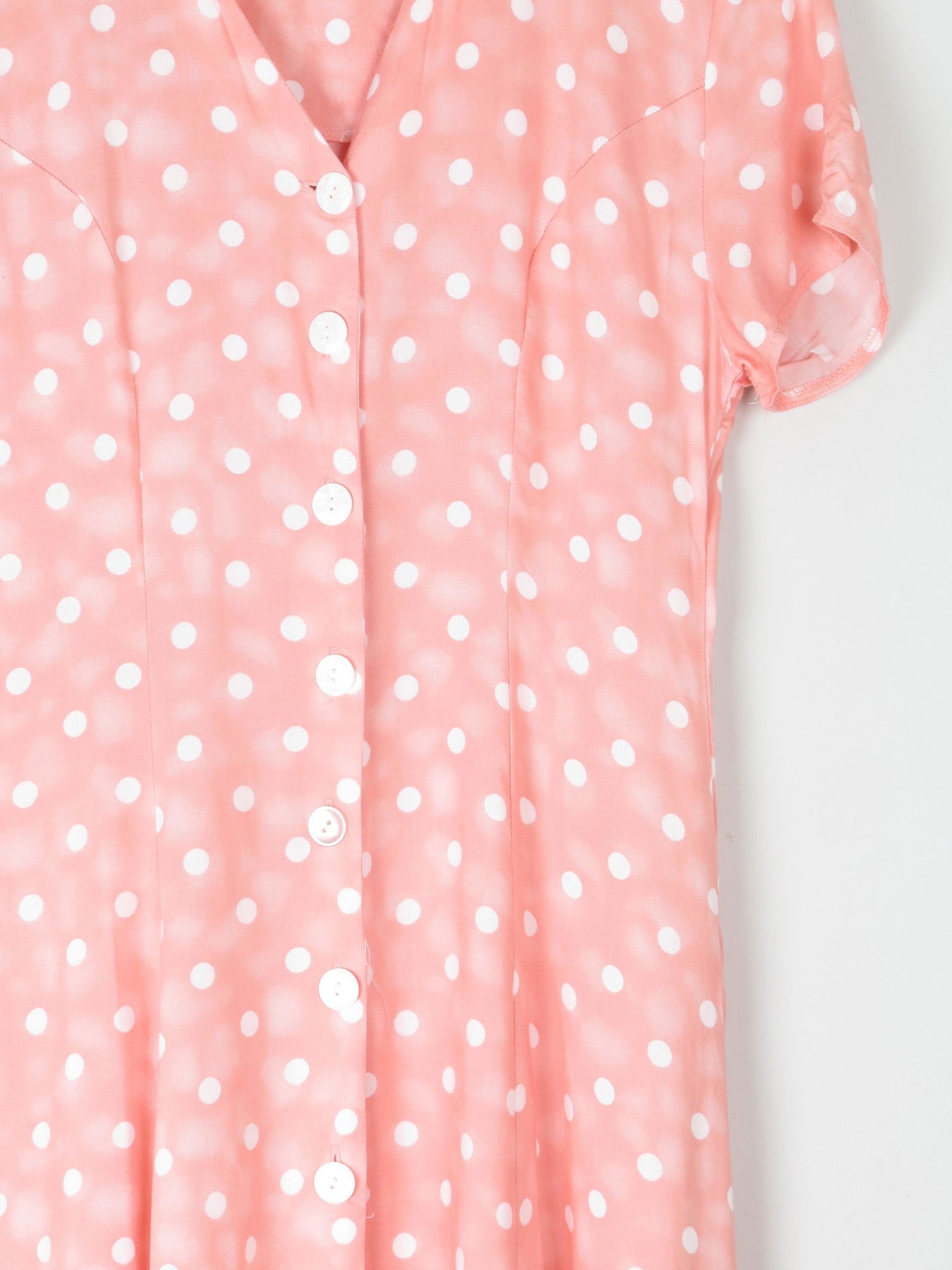 1990s Vintage Peach Polka Dot Button Down Midi Dress Unworn S - The Harlequin