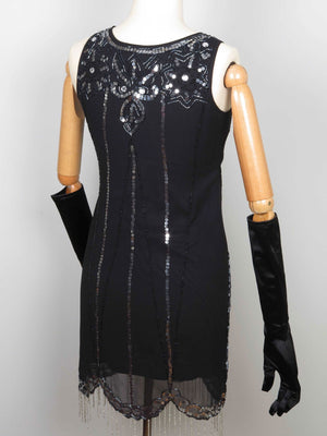 Black 1920s Vintage Style Flapper Dress With Beads S - The Harlequin