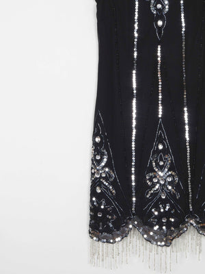 Black 1920s Vintage Style Flapper Dress With Beads S - The Harlequin