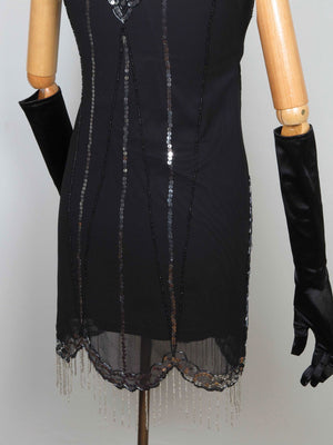 Black 1920s Vintage Style Flapper Dress With Beads S - The Harlequin