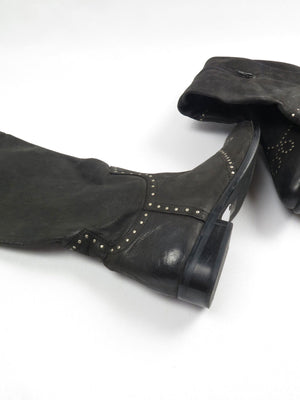 Black Leather Studded Over The Knee Moleskin Boots 41/8 - The Harlequin