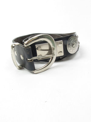 Black Leather Vintage Belt With Silver Metal Pieces M/L - The Harlequin