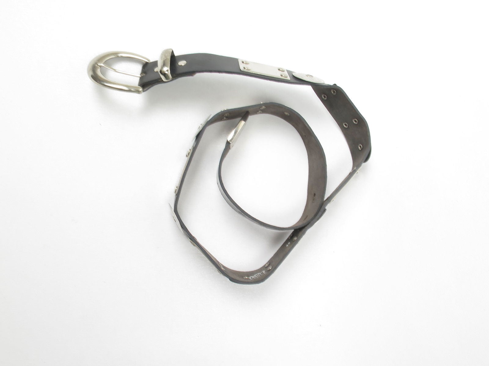 Black Leather Vintage Belt With Silver Metal Pieces M/L - The Harlequin