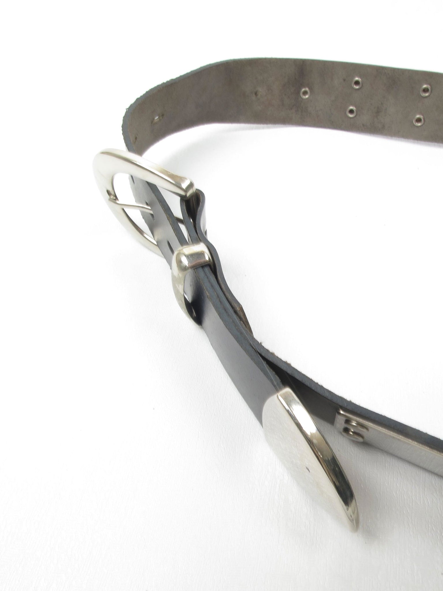 Black Leather Vintage Belt With Silver Metal Pieces M/L - The Harlequin