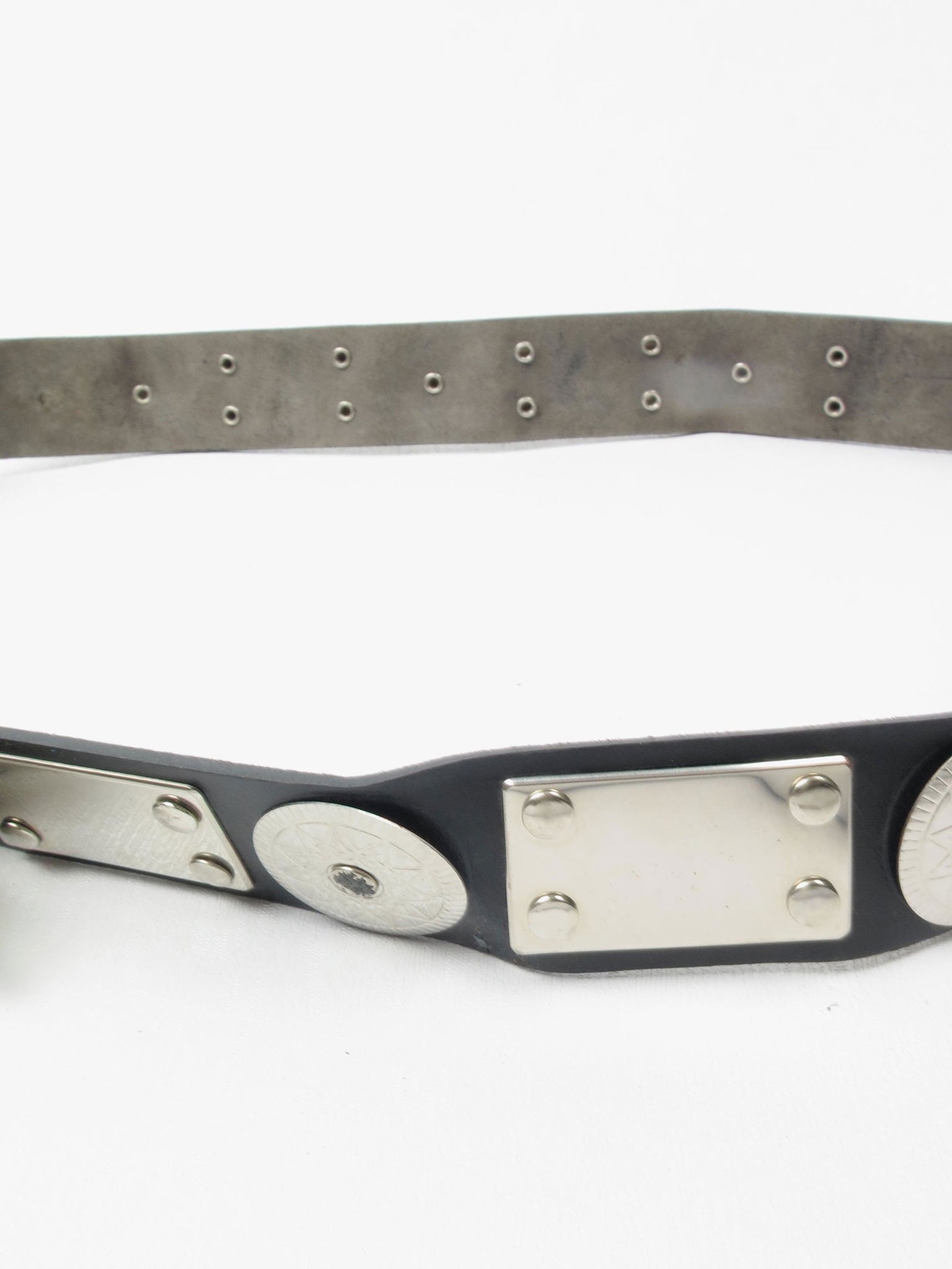 Black Leather Vintage Belt With Silver Metal Pieces M/L - The Harlequin