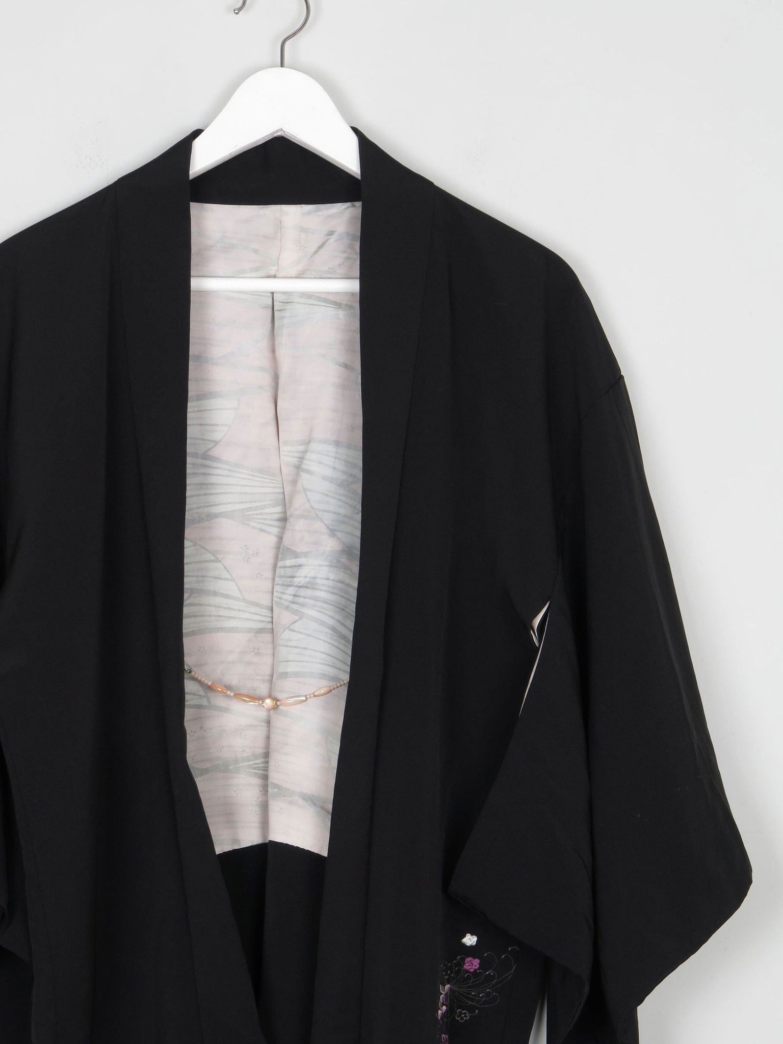 Black Wool Vintage Kimono With Floral Pattern S/M - The Harlequin