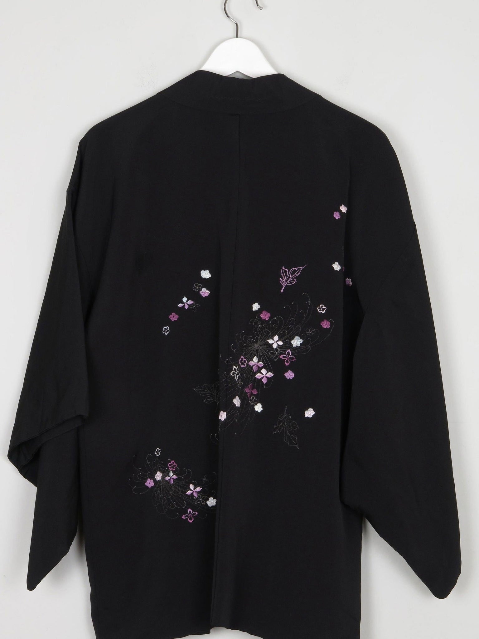 Black Wool Vintage Kimono With Floral Pattern S/M - The Harlequin
