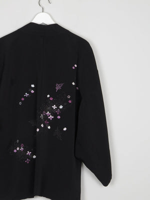 Black Wool Vintage Kimono With Floral Pattern S/M - The Harlequin