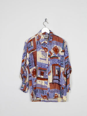 Blue & Rust Vibrant Printed Vintage Shirt/Blouse S - The Harlequin