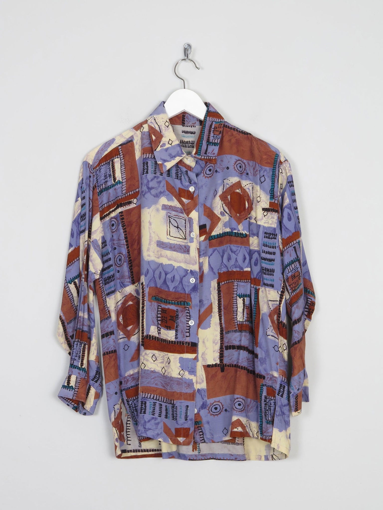 Blue & Rust Vibrant Printed Vintage Shirt/Blouse S - The Harlequin