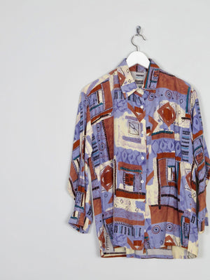 Blue & Rust Vibrant Printed Vintage Shirt/Blouse S - The Harlequin