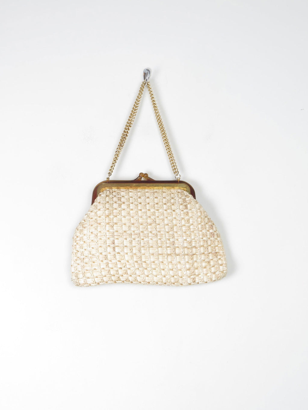 Cream Straw Vintage Handbag With Chain Handle - The Harlequin