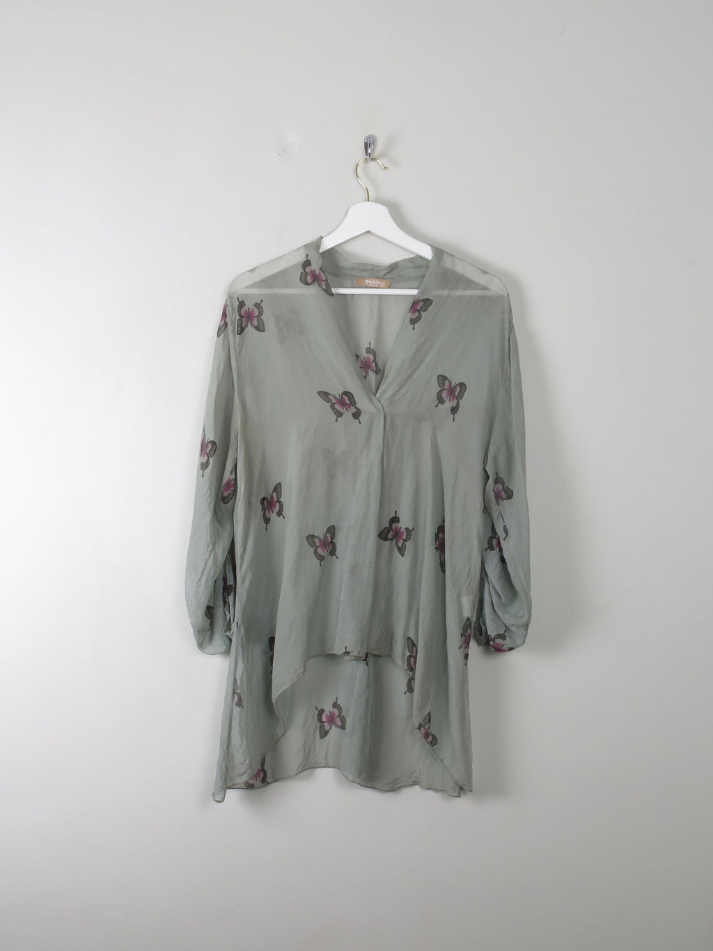Green Silk Top With Butterfly Print M/L - The Harlequin