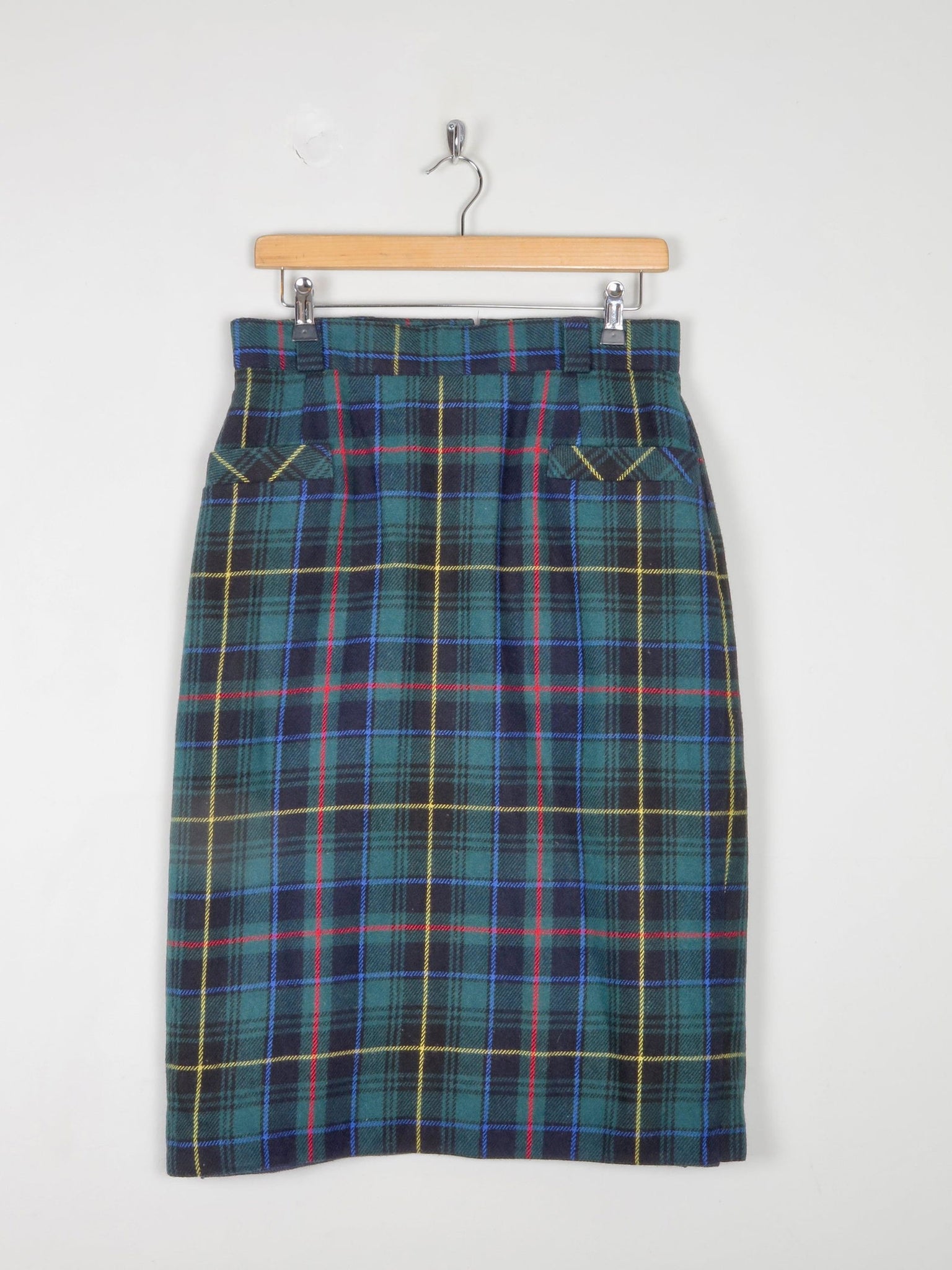 Green Tartan Wool Vintage Pencil Skirt 31