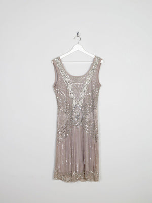 Grey/Taupe Vintage 1920s  Style Beaded Flapper Dress With Silver 14 - The Harlequin