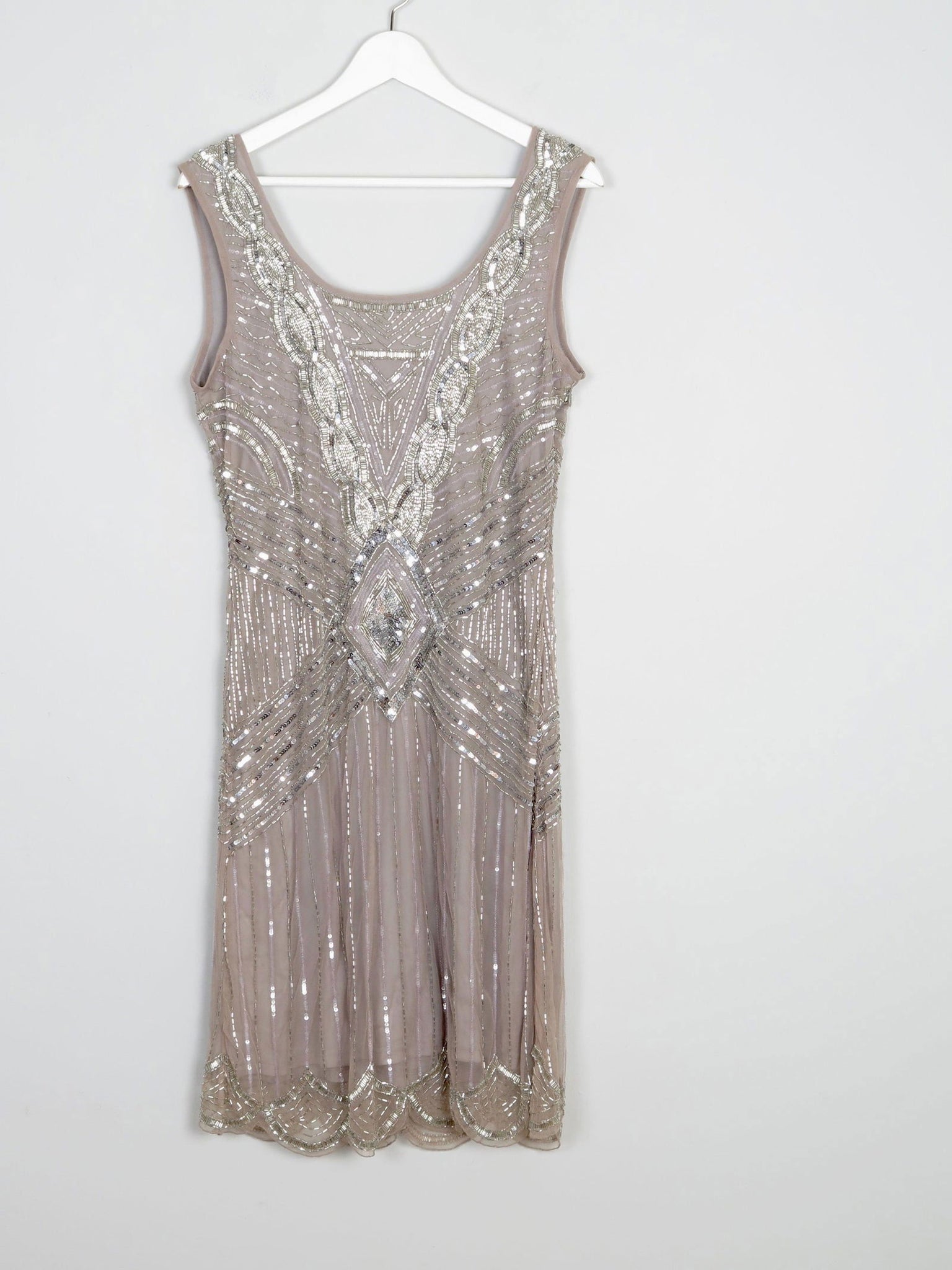 Grey/Taupe Vintage 1920s  Style Beaded Flapper Dress With Silver 14 - The Harlequin