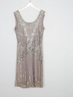 Grey/Taupe Vintage 1920s  Style Beaded Flapper Dress With Silver 14 - The Harlequin