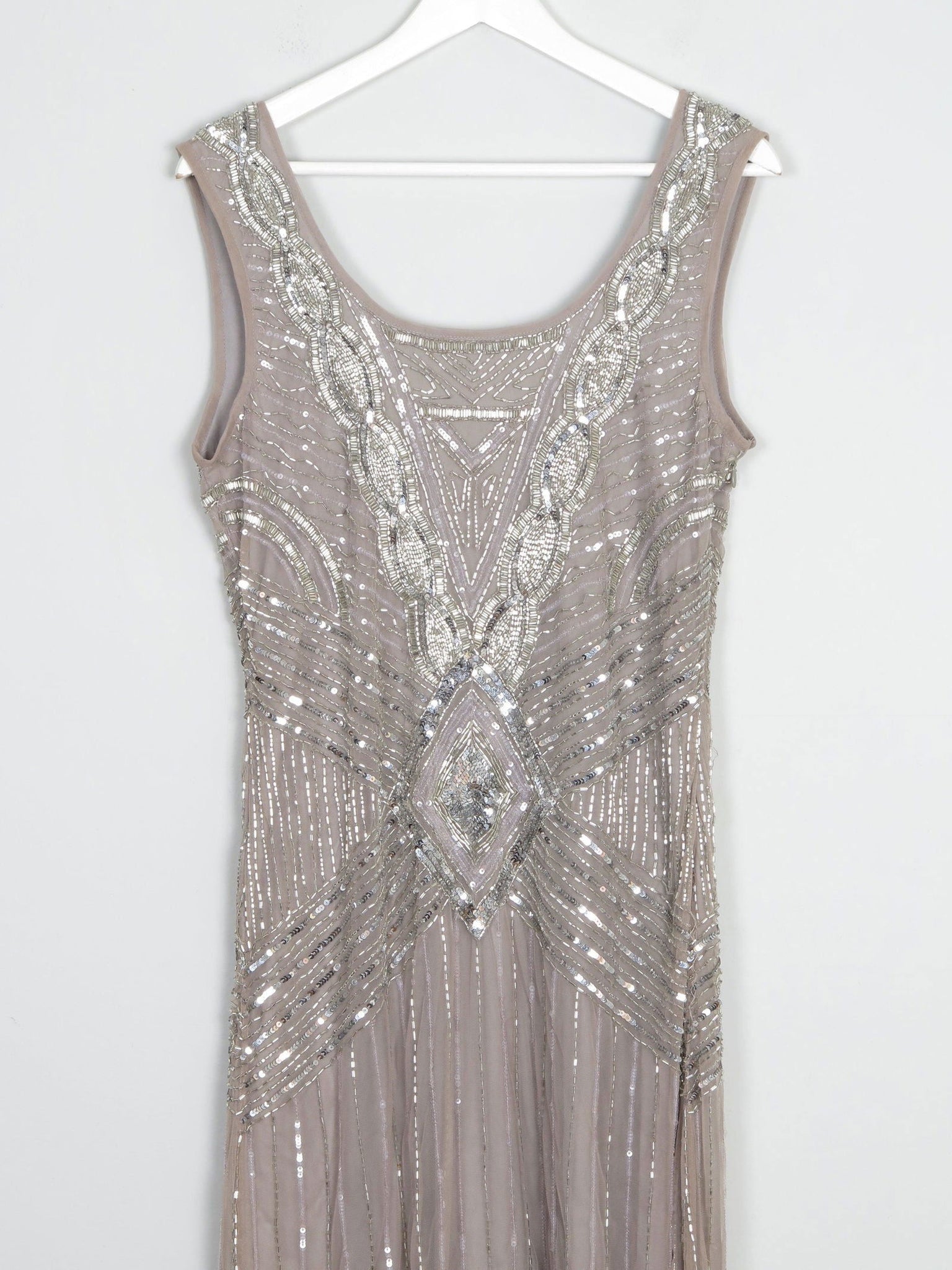 Grey/Taupe Vintage 1920s  Style Beaded Flapper Dress With Silver 14 - The Harlequin