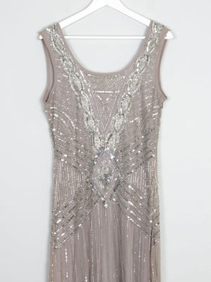 Grey/Taupe Vintage 1920s  Style Beaded Flapper Dress With Silver 14 - The Harlequin