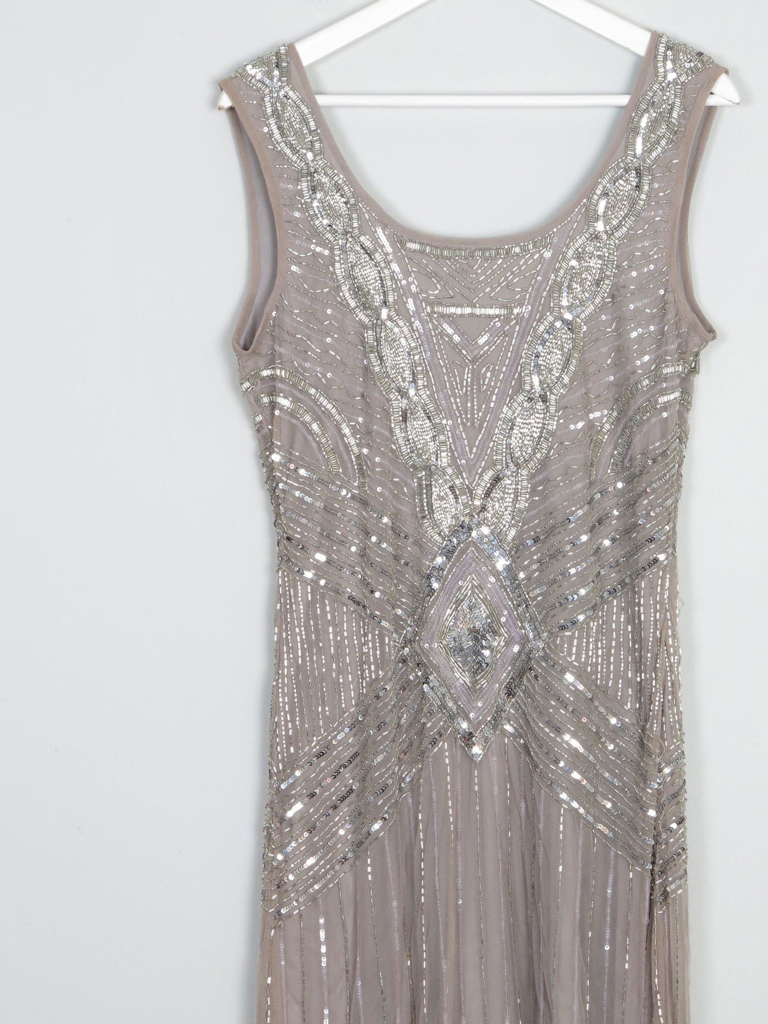 Grey/Taupe Vintage 1920s  Style Beaded Flapper Dress With Silver 14 - The Harlequin