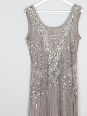 Grey/Taupe Vintage 1920s  Style Beaded Flapper Dress With Silver 14 - The Harlequin